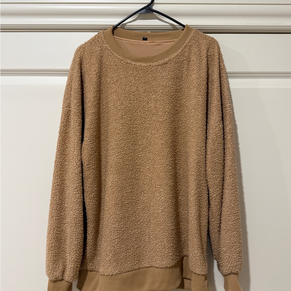 Camel teddy fleece crewneck sweatshirt